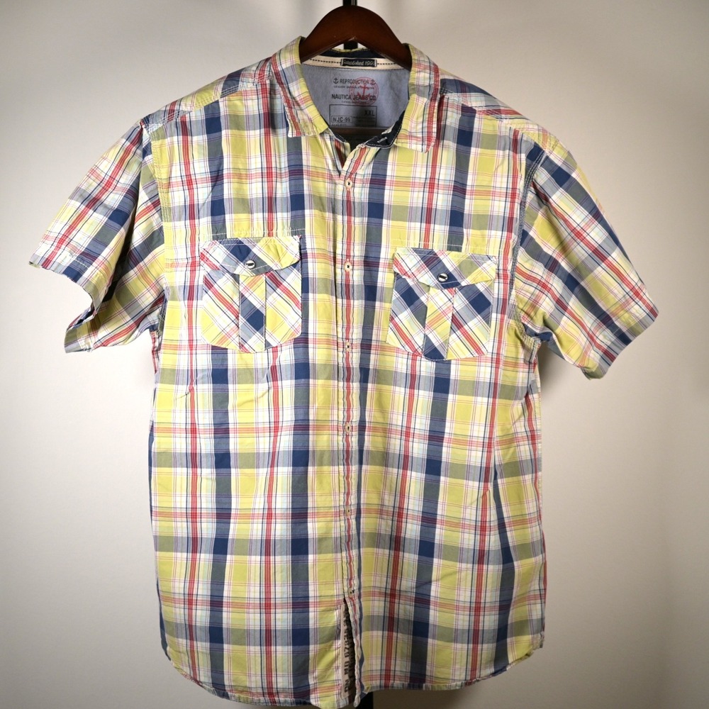 Nautica Jeans Mens XXL Plaid Short Sleeve Button Down Shirt Yellow Blue NJC-99